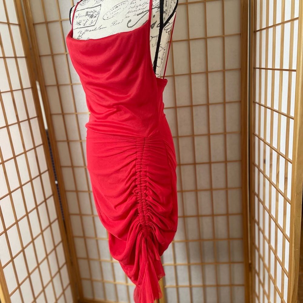 Red Ruched Midi Dress Strappy Bodycon, Asymmetrical Hem